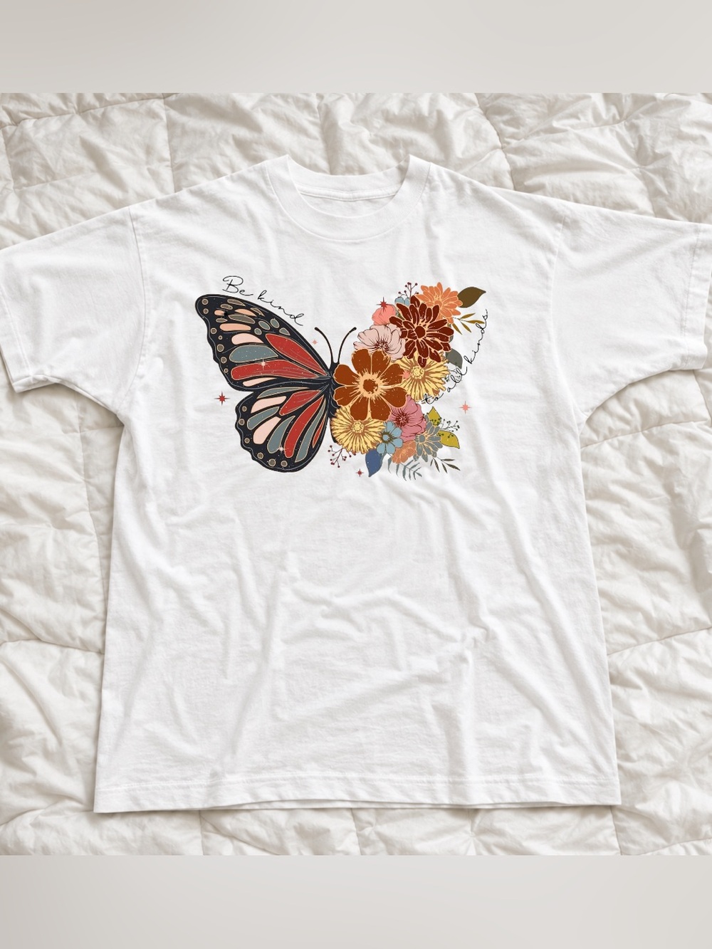 Gildan White Butterfly Floral Graphic Tee with Rust and Yellow Accents